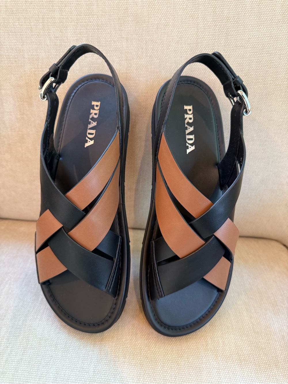 PRADA Black and Brown Crisscross Slingback Sandals SIZE 40
